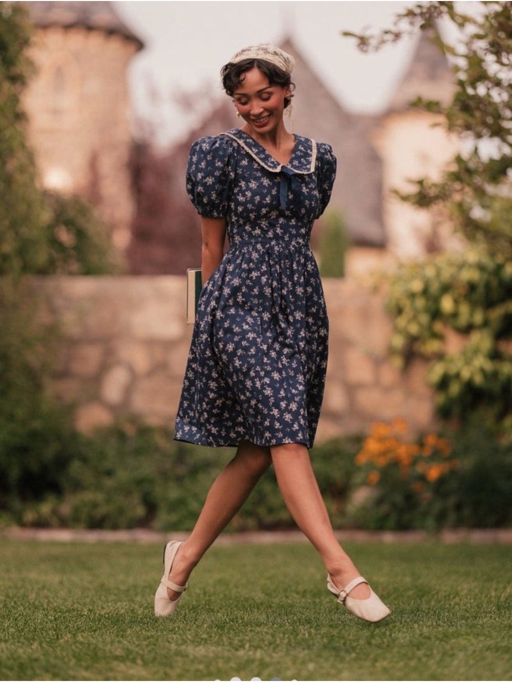 EUC JessaKae Rory Navy Floral Vintage-Inspired Collared Puff Sleeve Dress